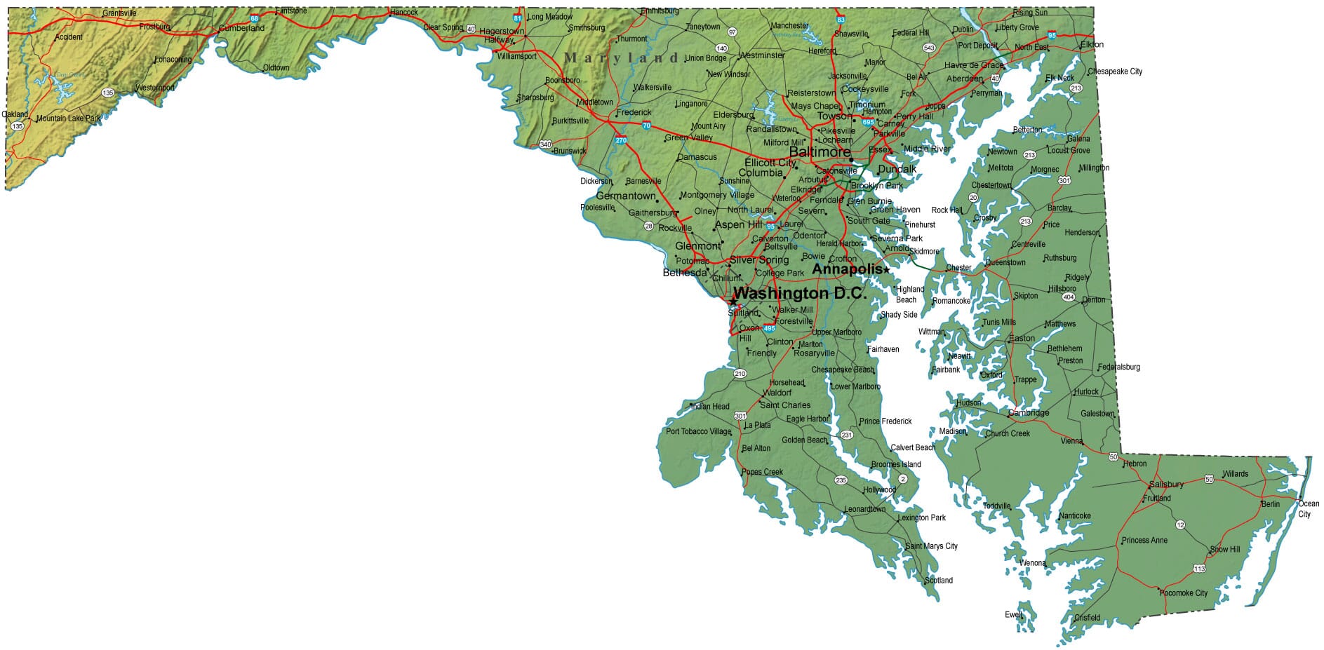 Detailed Maryland Map - MD Terrain Map