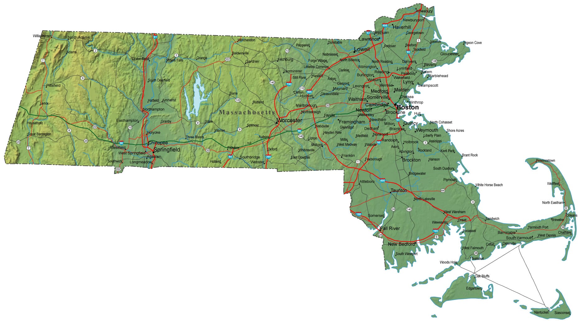 Large Detailed Roads And Highways Map Of Massachusetts State With All Images