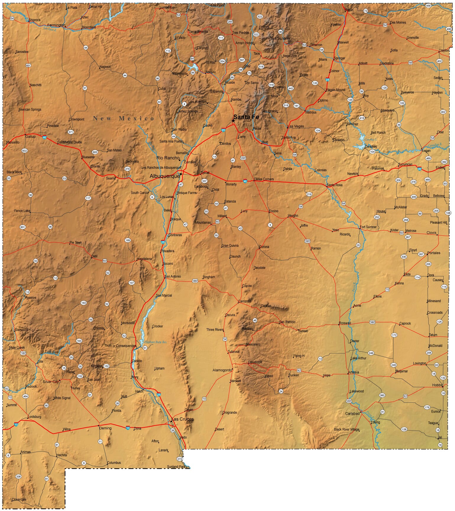 Detailed New Mexico Map Nm Terrain Map