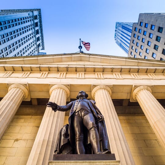 Federal Hall and George Washington Statue on Wall Street in New York City, New York