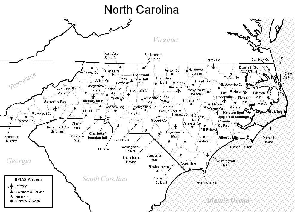 North Carolina Airport Map North Carolina Airports