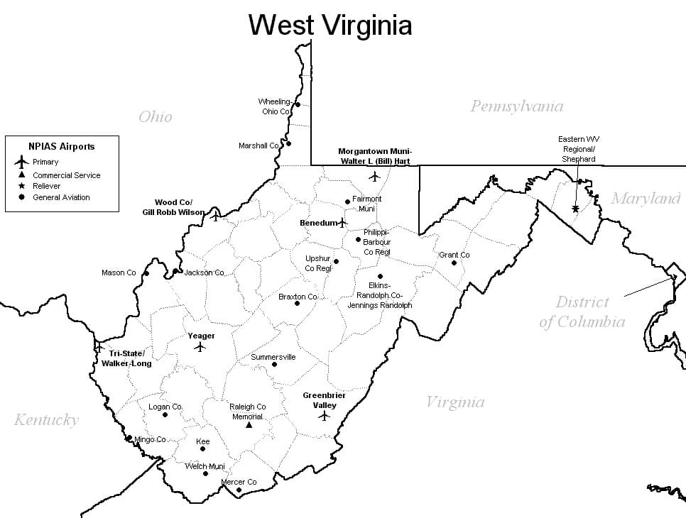 Airports In Virginia Map   West Virginia Airports 