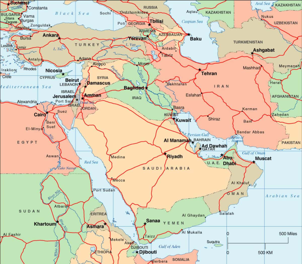Middle East Map Bodies Of Water Middle East Political Map