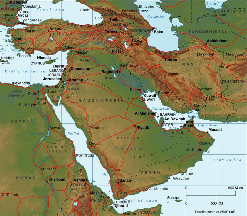 Middle East Map With Countries And Bodies Of Water Interactive Map   Middle East Relief Map 864 