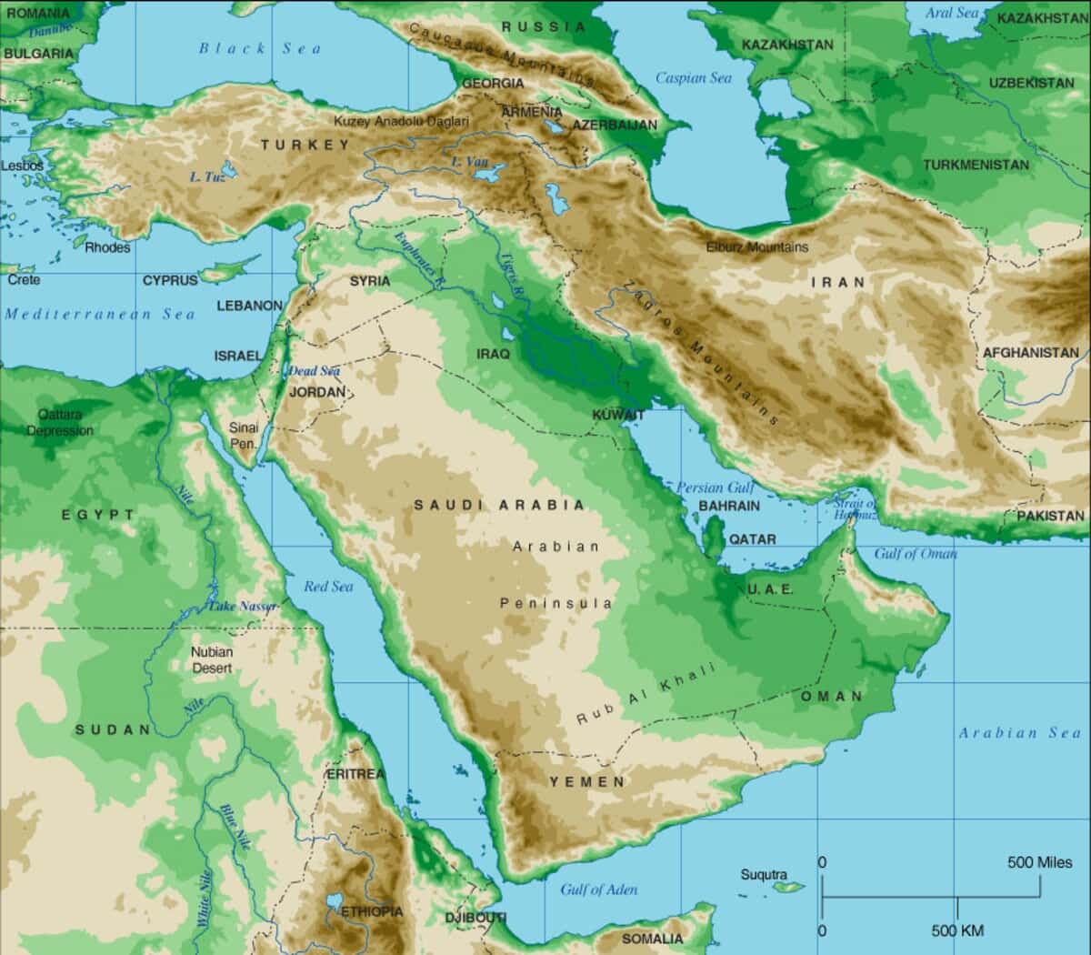 Middle East Topographical Map
