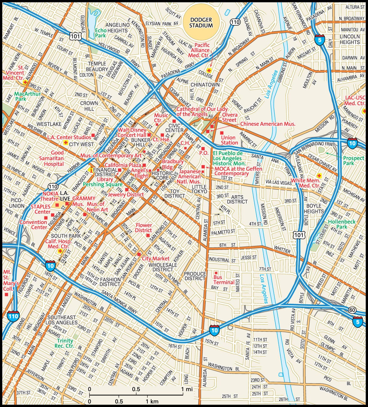 Los Angeles City Map Downtown   Downtown Los Angeles Map 1176 