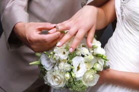 wedding ring and wedding bouquet