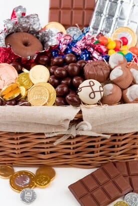chocolate gifts in a wicker basket