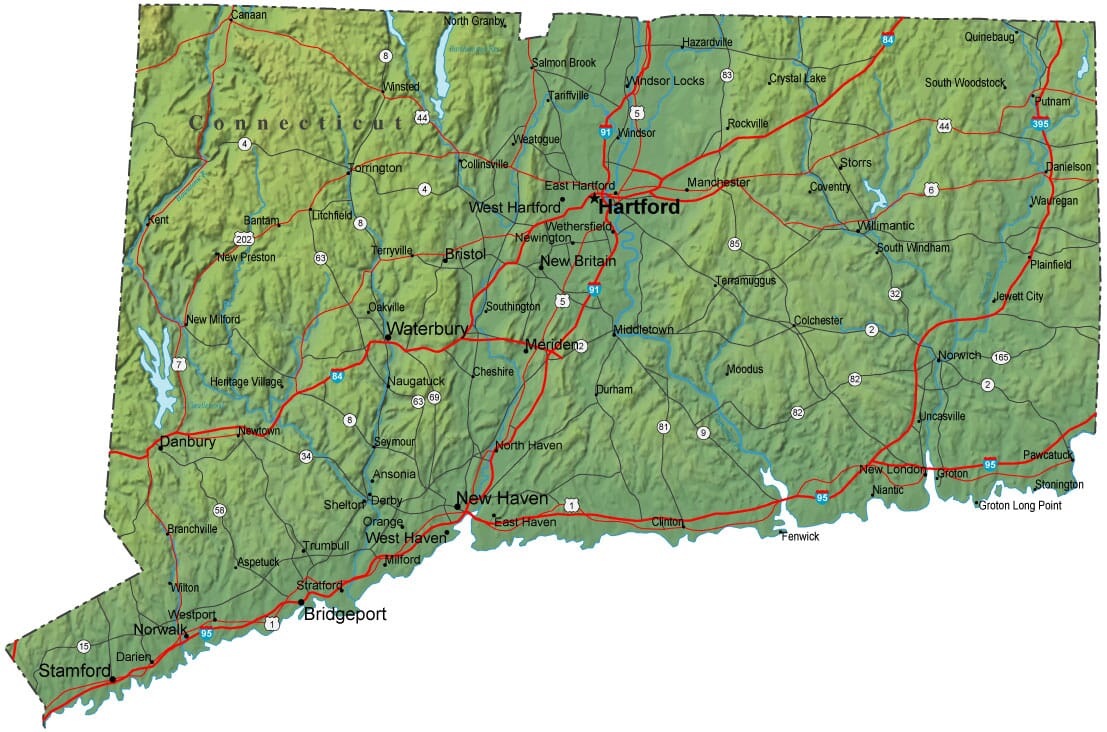 Detailed Connecticut Map - Ct Terrain Map