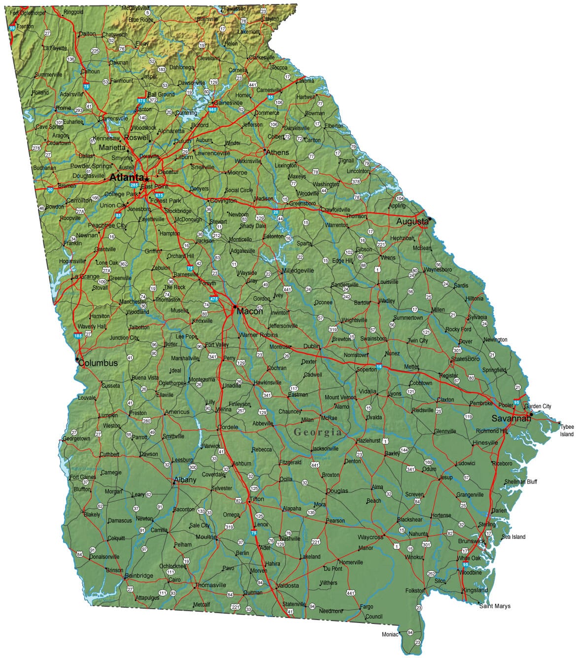 Detailed Georgia Map GA Terrain Map   Georgia Map 