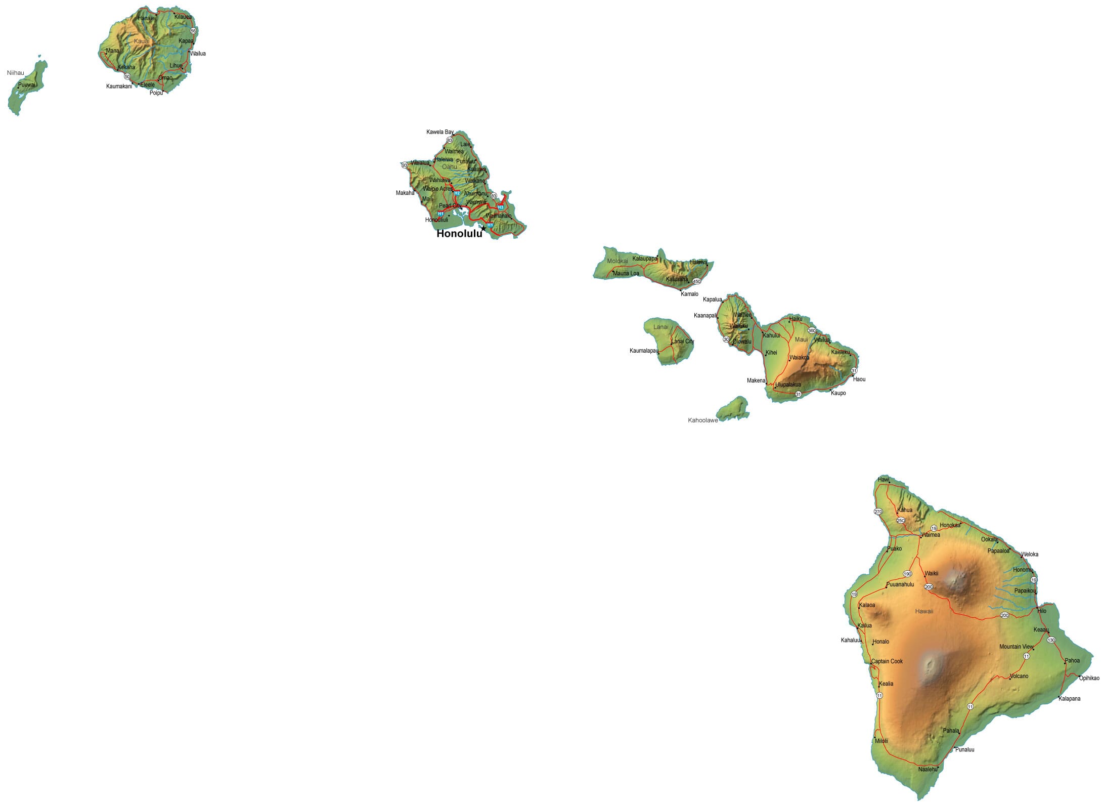 Detailed Hawaii Map - HI Terrain Map