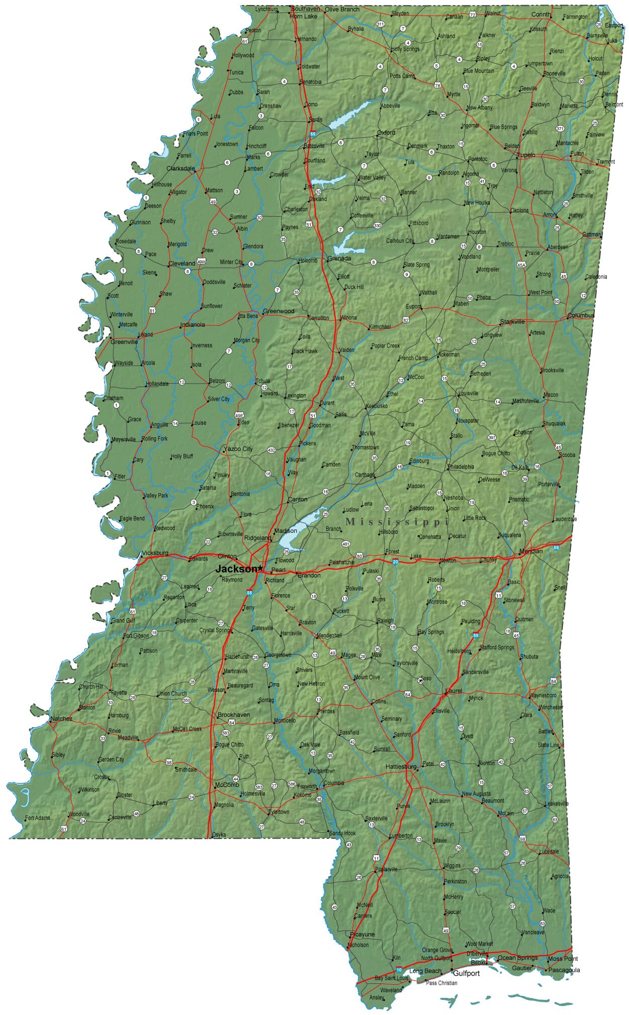 Detailed Mississippi Map - MS Terrain Map