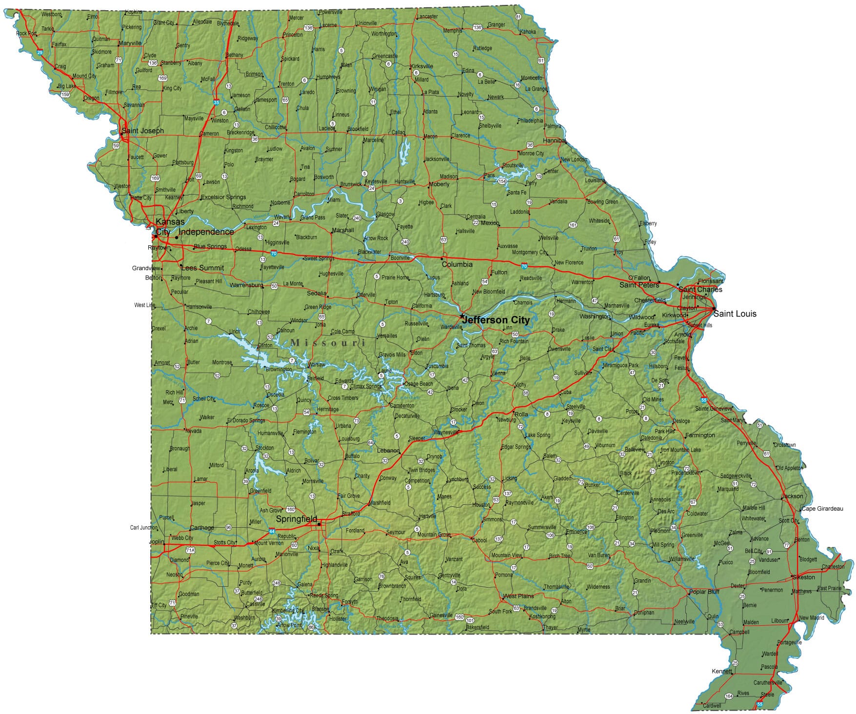 Detailed Missouri Map MO Terrain Map