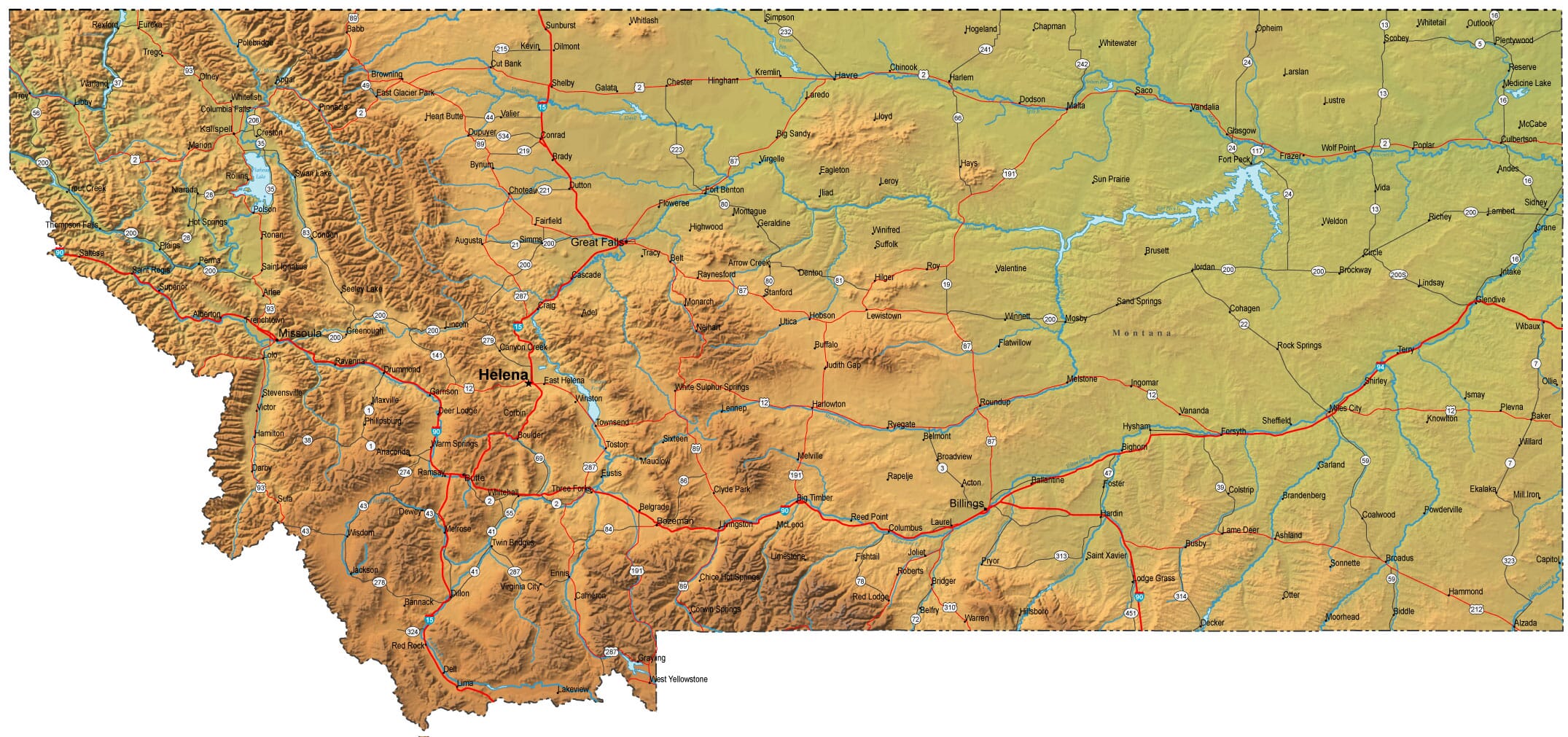 Detailed Montana Map - MT Terrain Map