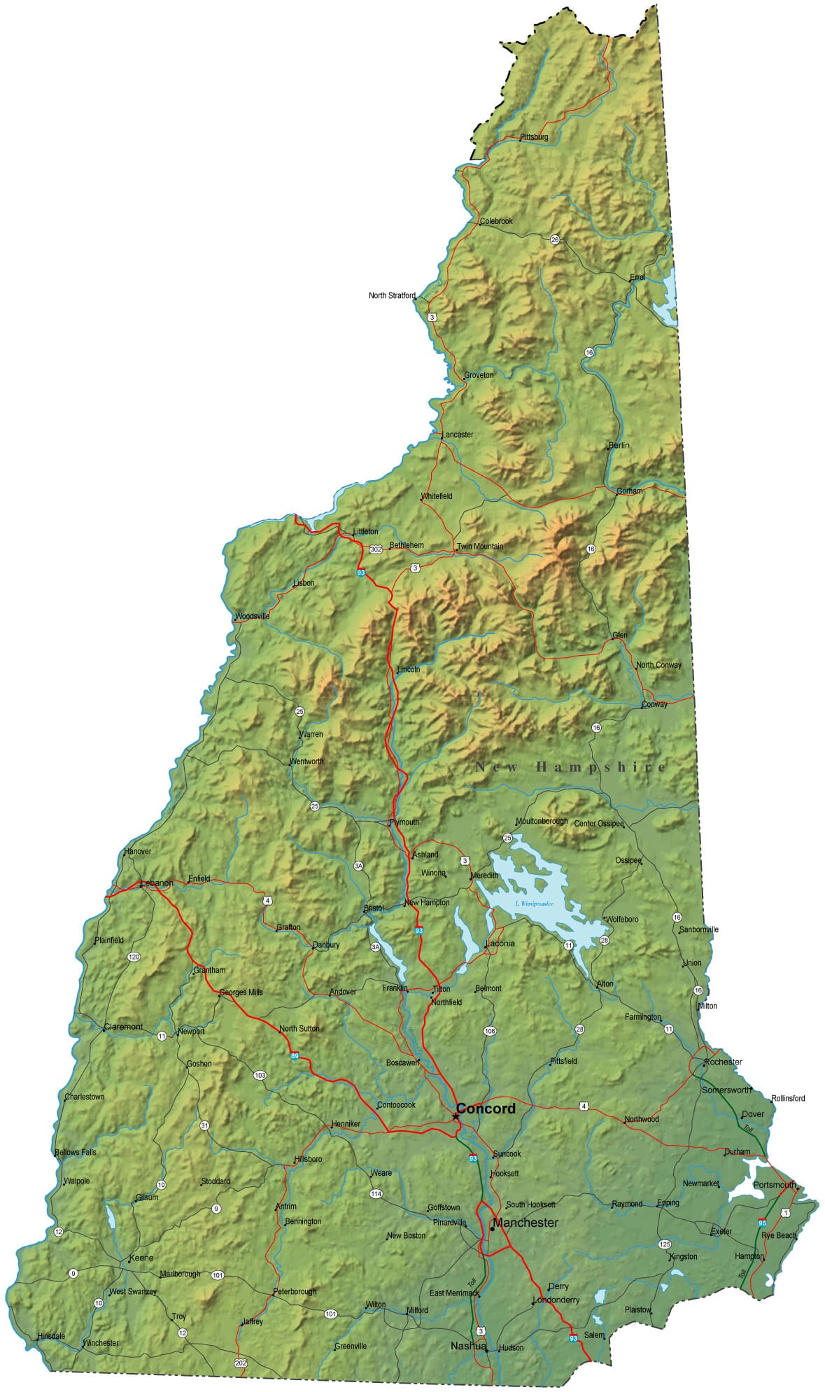 Detailed New Hampshire Map - NH Terrain Map