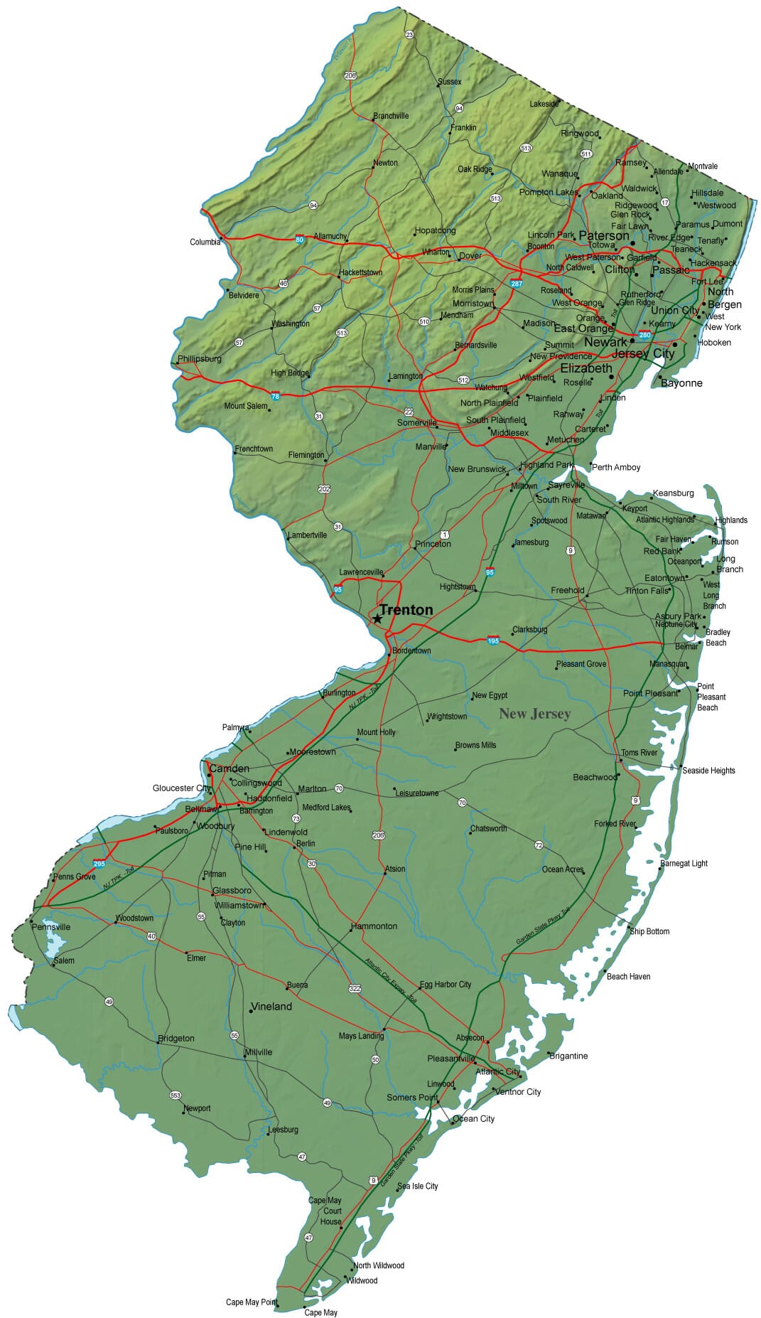 Detailed New Jersey Map Nj Terrain Map