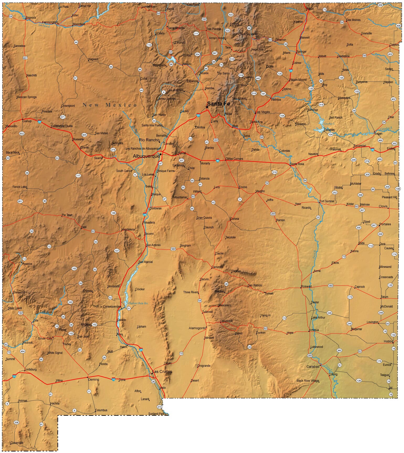 Detailed New Mexico Map - NM Terrain Map