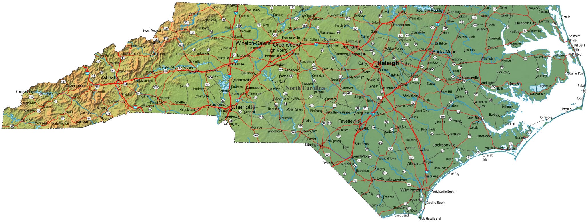 Detailed North Carolina Map Nc Terrain Map