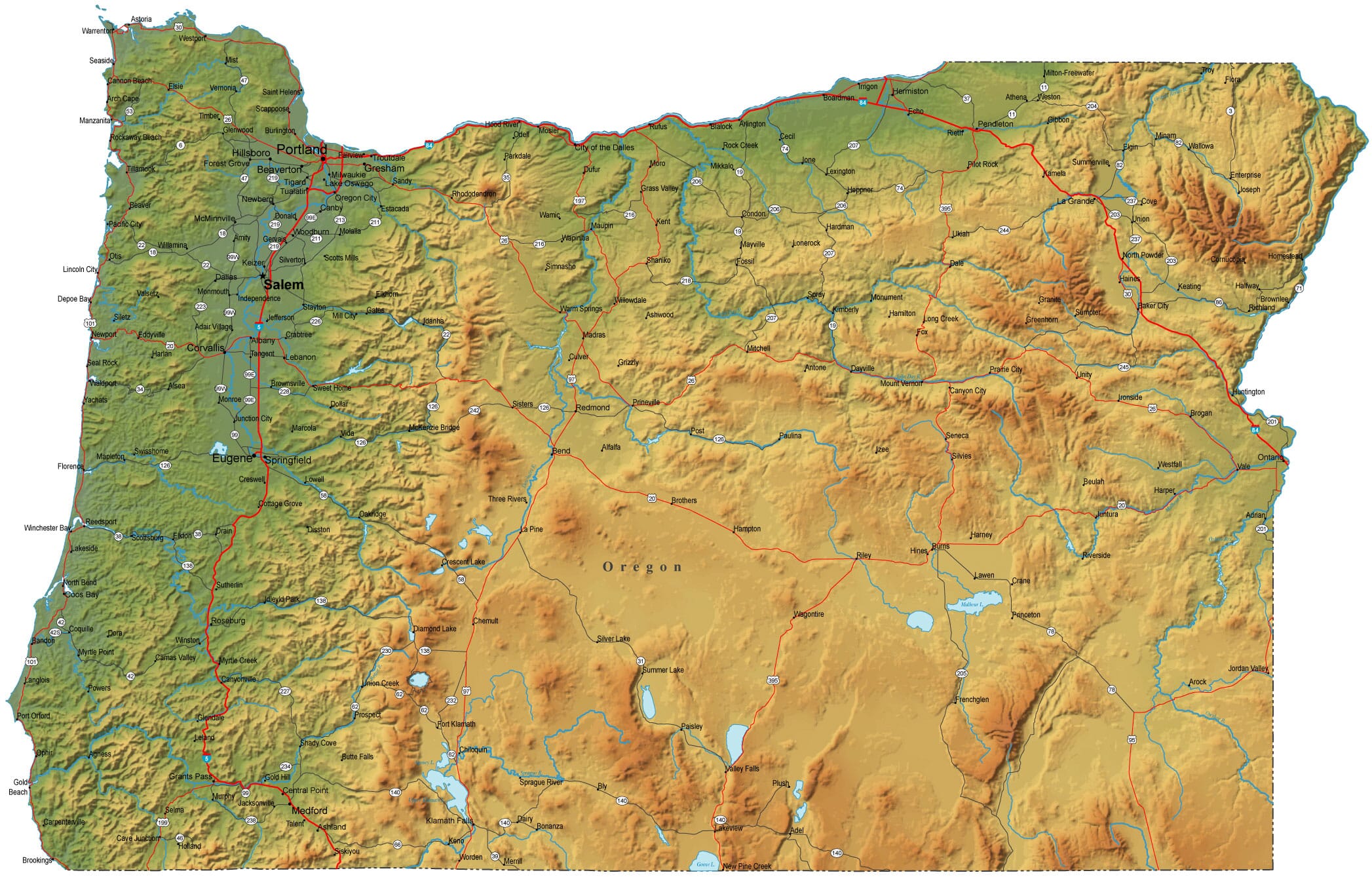 Detailed Oregon Map OR Terrain Map   Oregon Map 