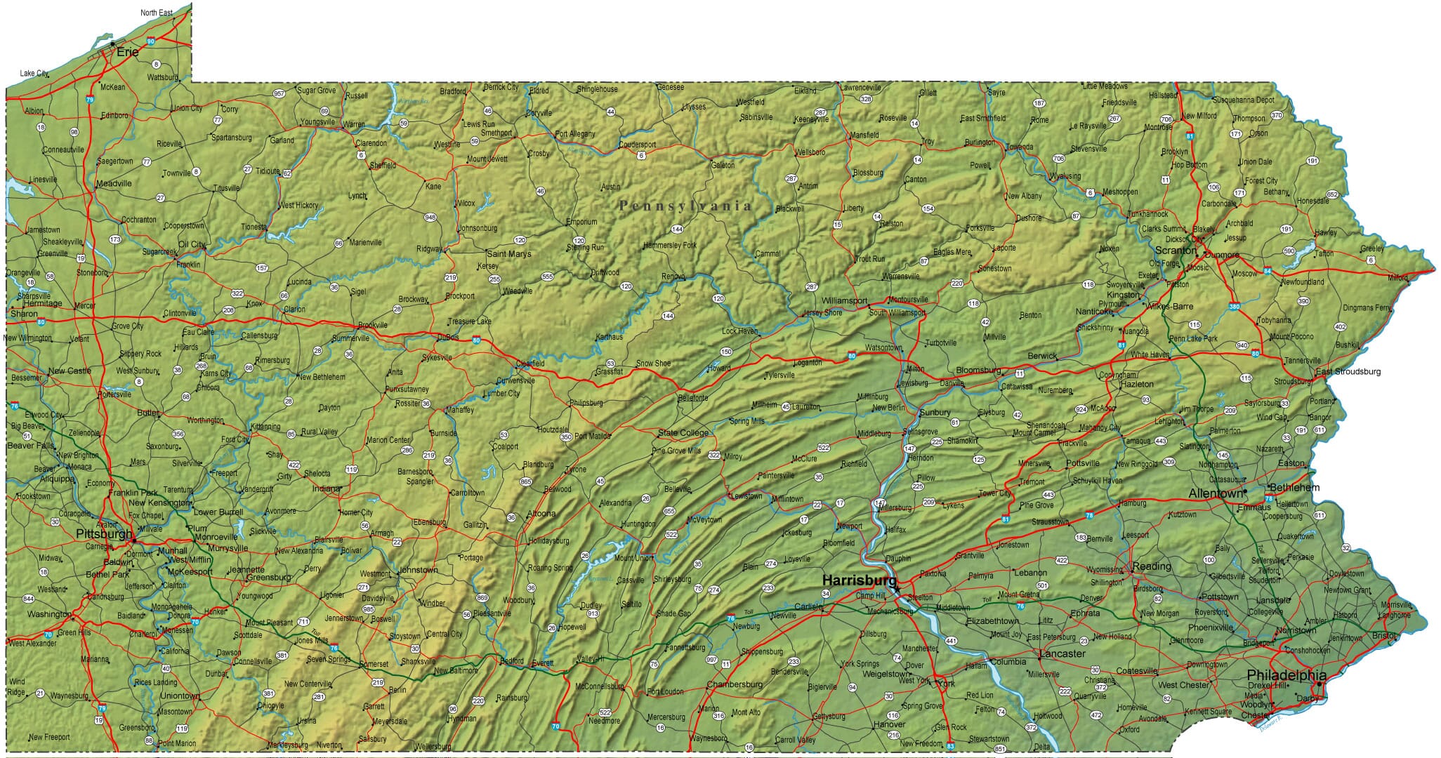 Detailed Pennsylvania Map - PA Terrain Map