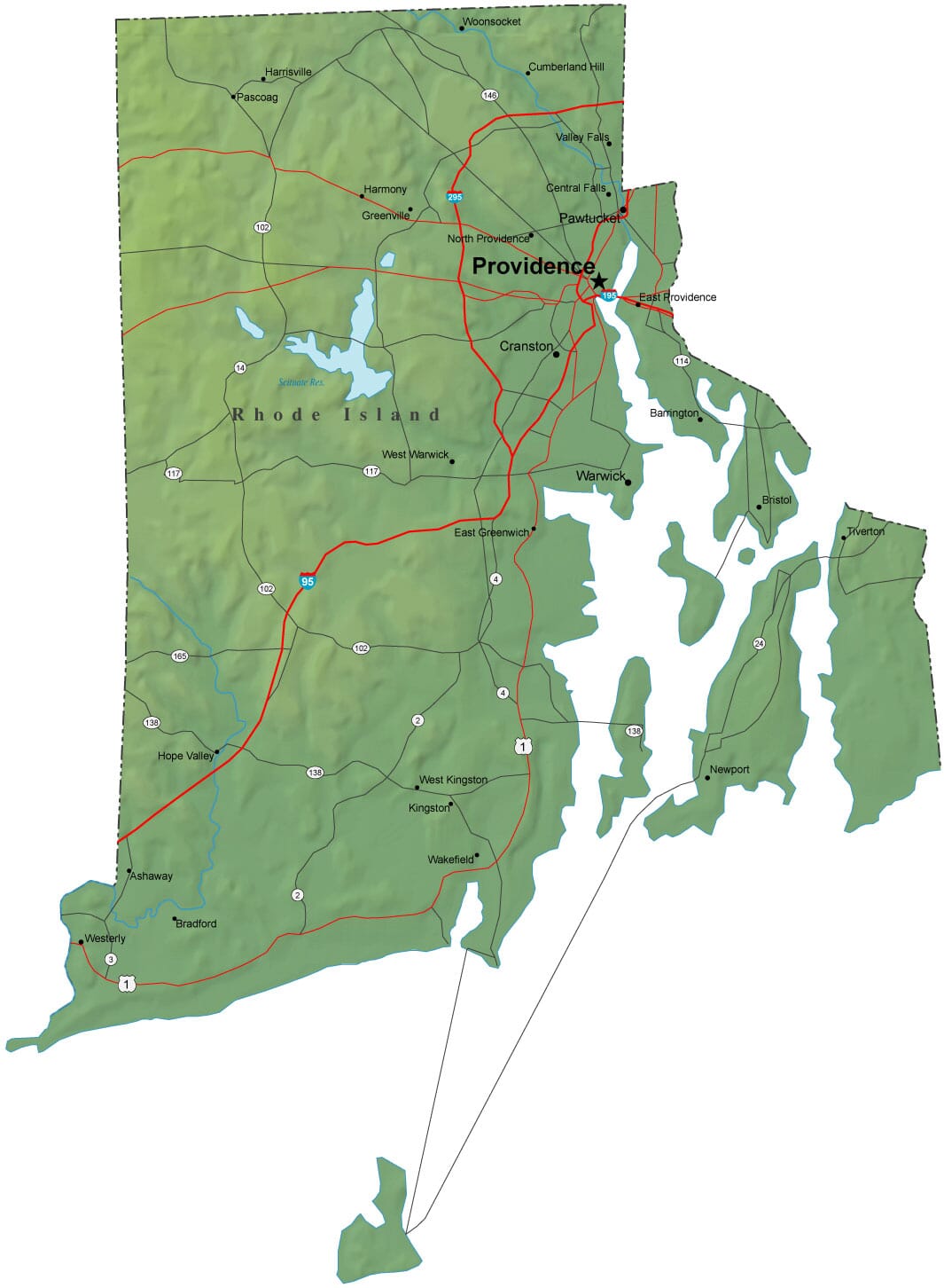 Detailed Rhode Island Map RI Terrain Map