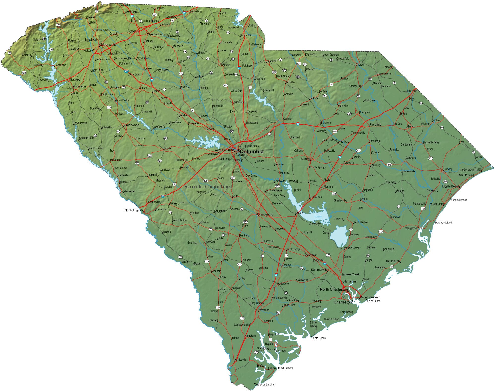 South Carolina Detailed Map