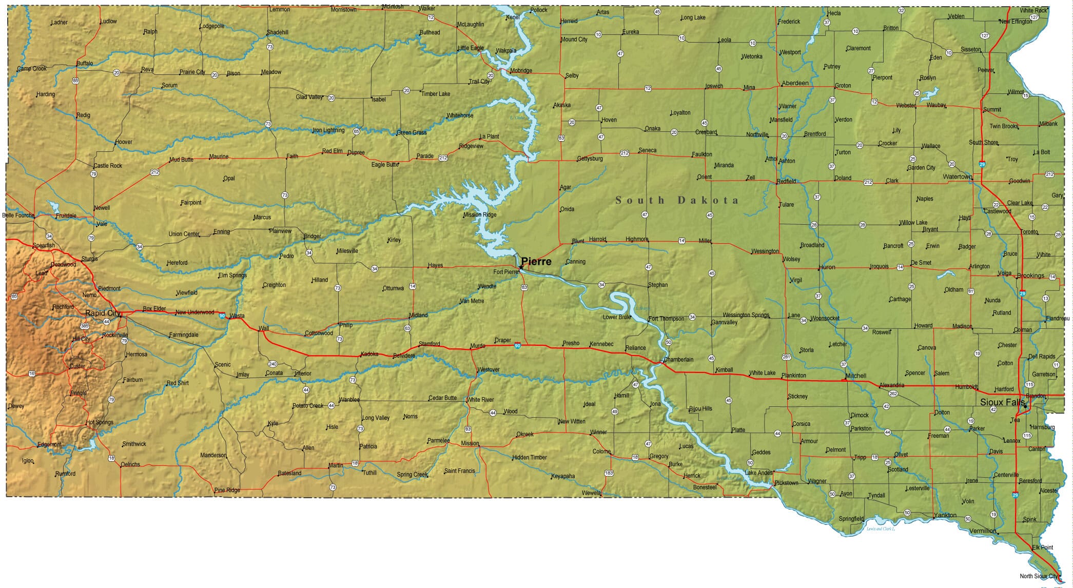 Detailed South Dakota Map SD Terrain Map