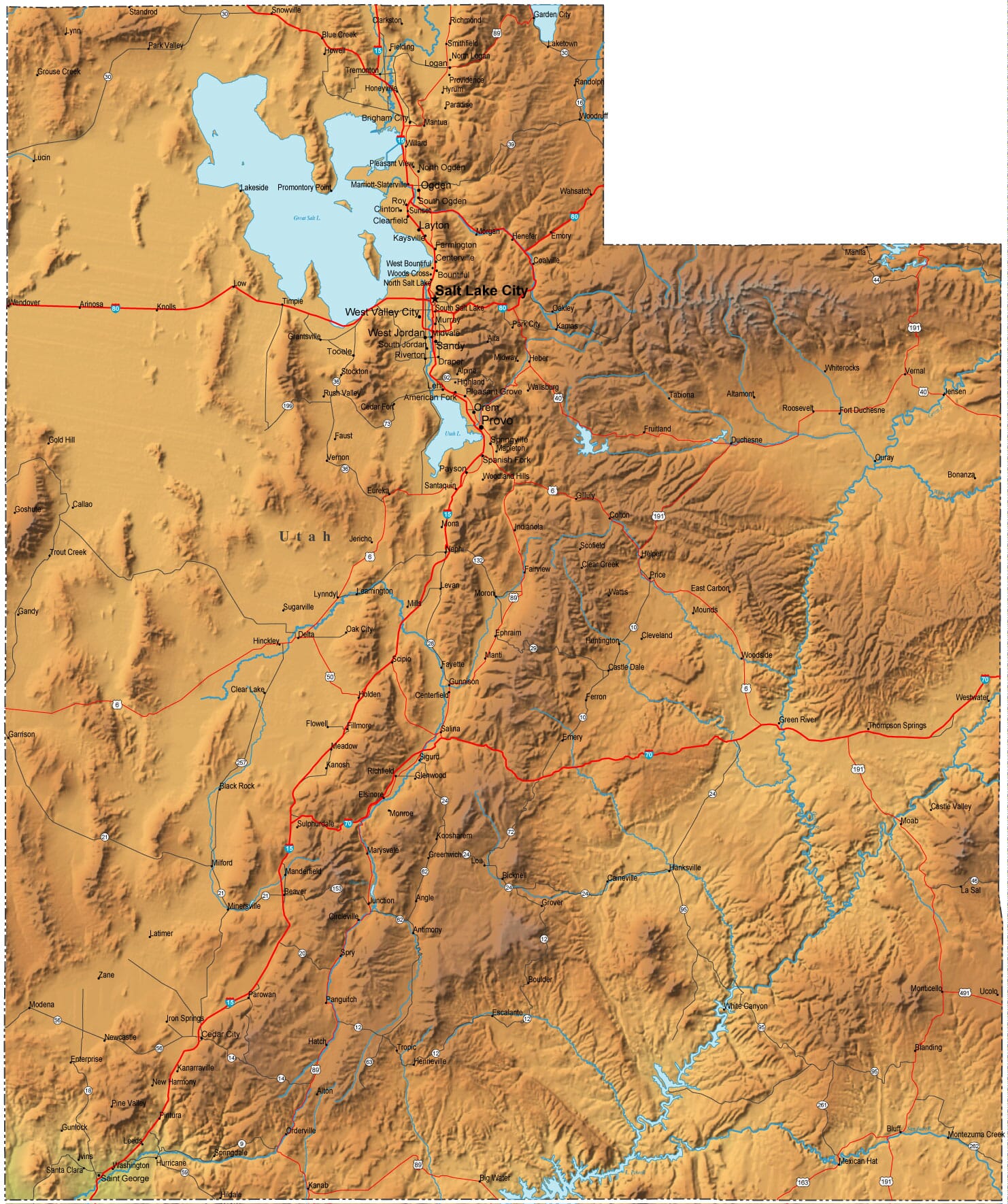 Detailed Utah Map - UT Terrain Map