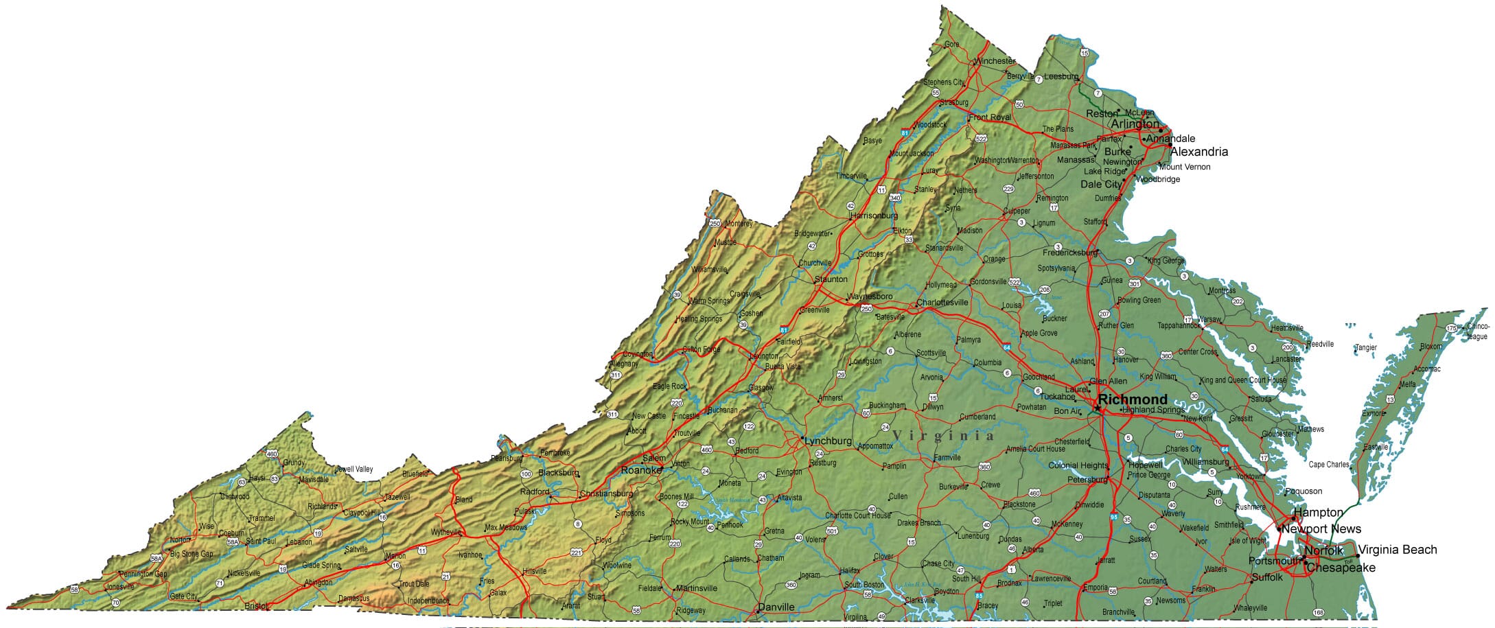 Virginia State Map Plus Terrain With Cities And Roads Map Resources   Virginia Map 