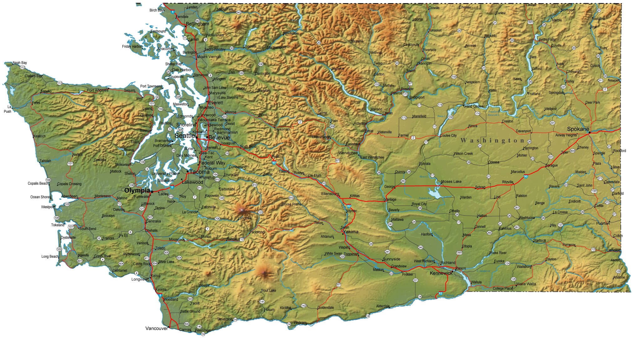 Detailed Washington Map - WA Terrain Map