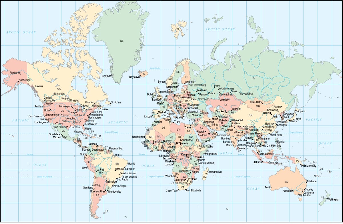 detailed world map, with ISO country codes