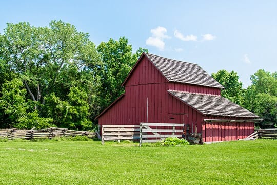 Old Red Barn at Missouri Town 1855 in Lee's Summit, Missouri