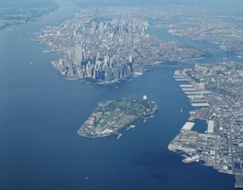 New York City aerial view - New York harbor, Governors Island, and lower Manhattan