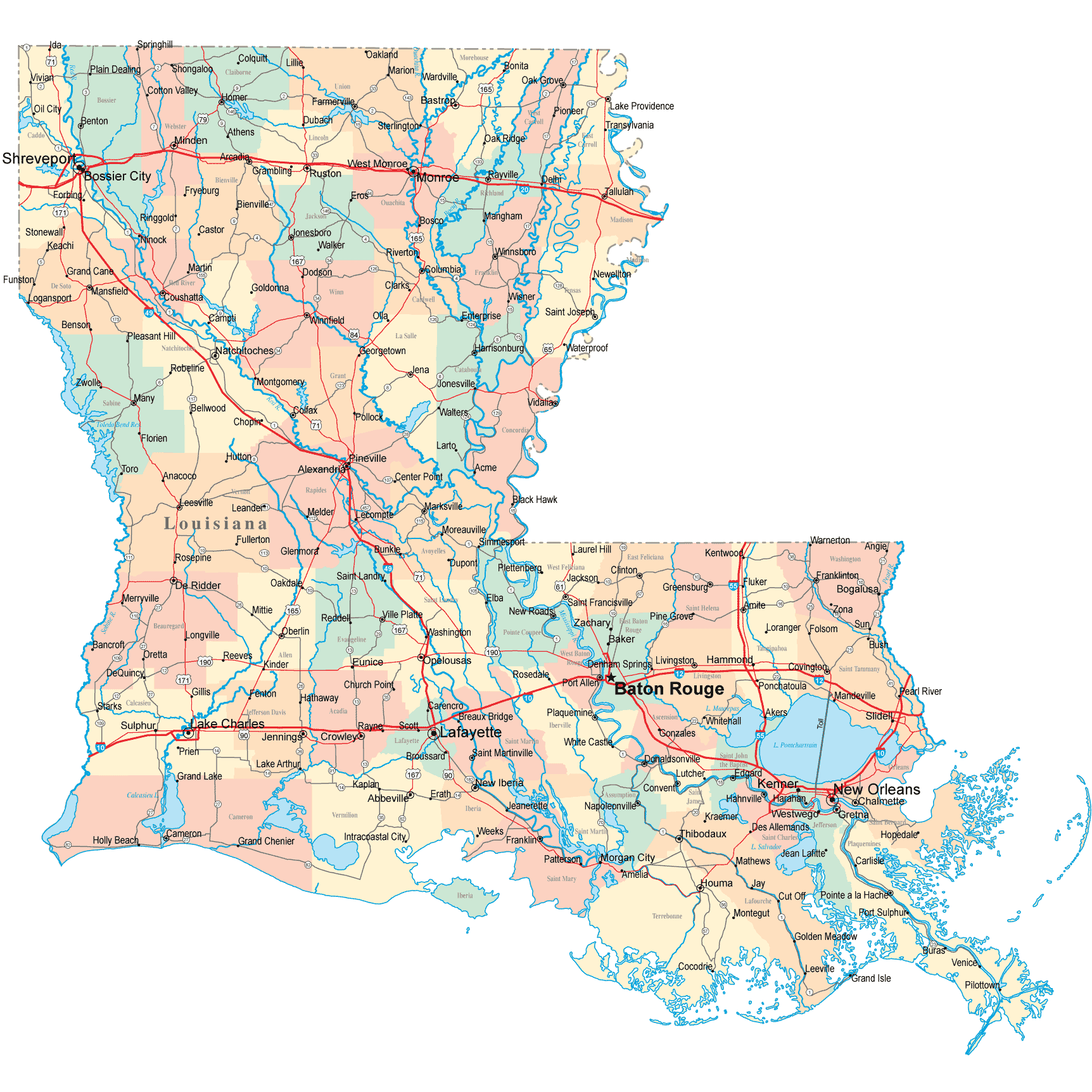 Texas State Road Map With Cities   Louisiana Road Map Square 