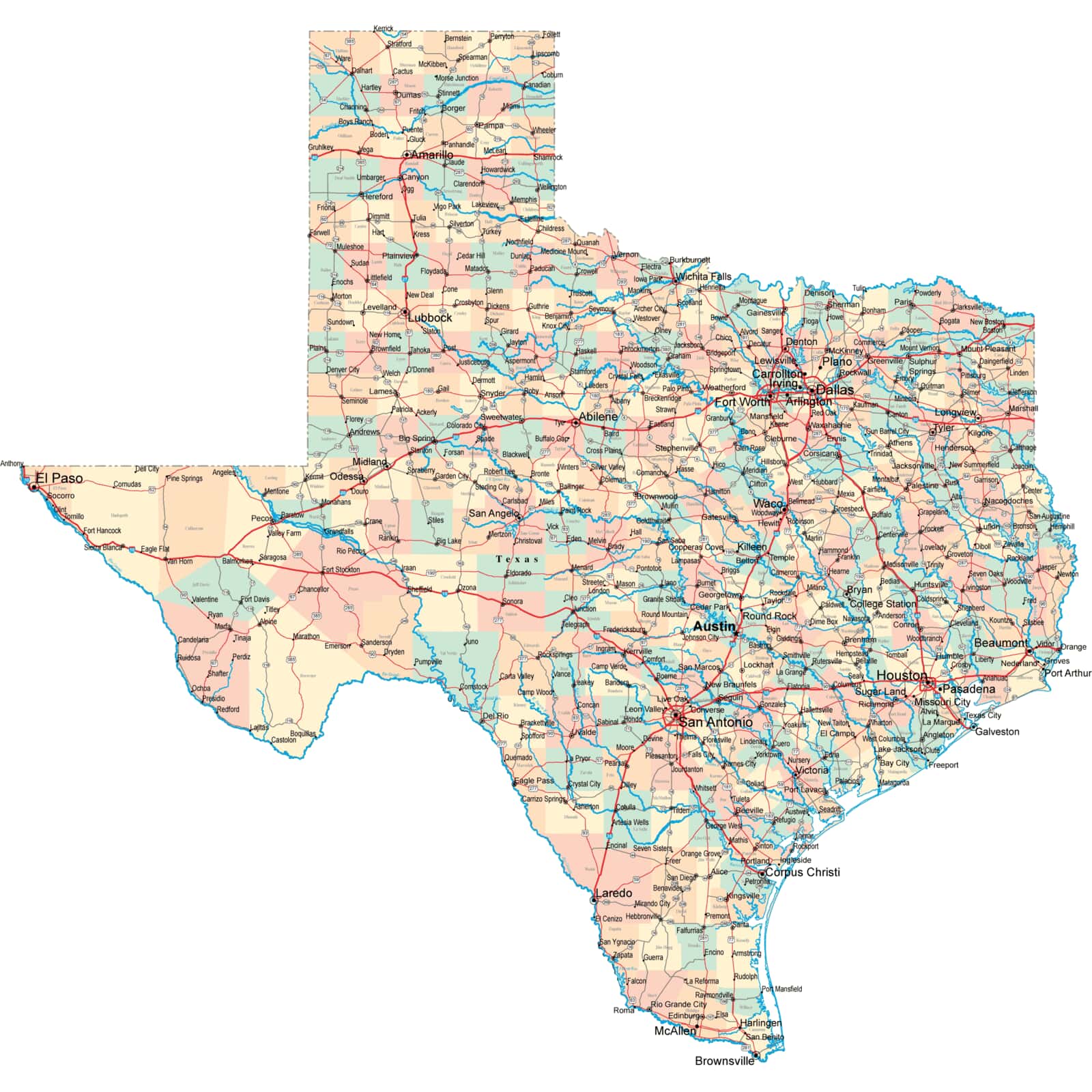 texas road map with cities