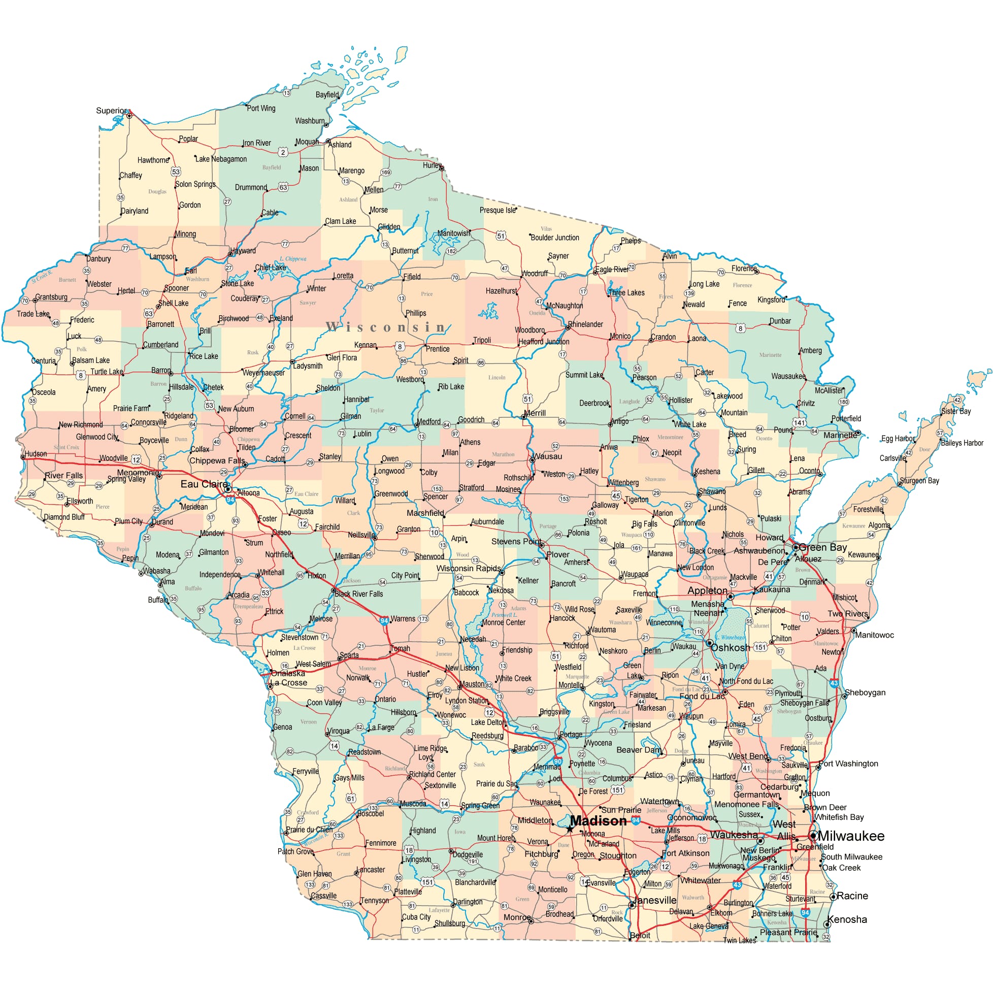 Wisconsin Road Map - WI Road Map - Wisconsin Highway Map